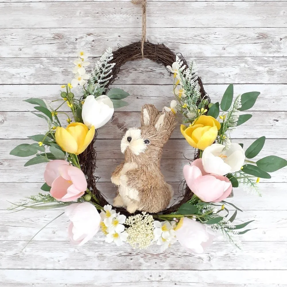 Easter Wreath Bunny Tulip Flowers Egg Shaped Grapevine